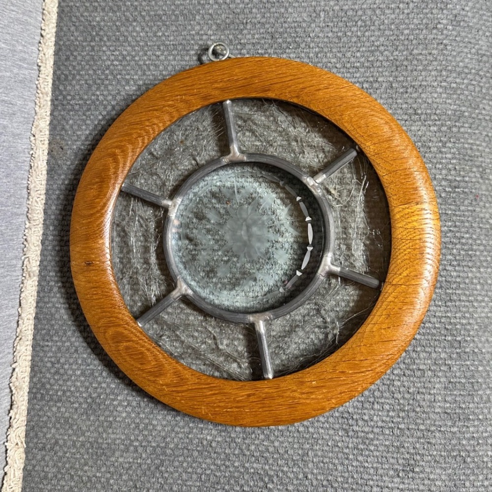 VTG Etched Glass Suncatcher Round Oak Wood Frame Floral Leaded Window Art 8"